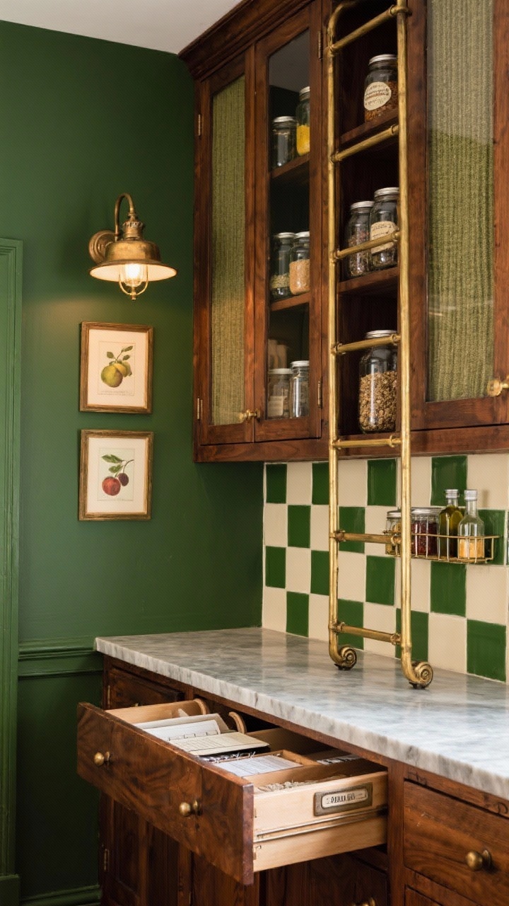 Medium closeup from a side angle: A vintage-library pantry vignette featuring deep bottle green walls and walnut cabinetry with tall glass-door uppers filled with canning jars. A brass-railed rolling library ladder rests along the uppers. Satin-finish soapstone countertop with softly eased edges meets a cream-and-forest-green checkerboard tile backsplash. Overhead, one antique brass schoolhouse light glows warmly. Include narrow pull-outs for spices and oils slightly extended, and a built-in stationery drawer open to reveal dividers for recipes and labels. Add grasscloth lining on cabinet backs and small framed vintage fruit prints for a collected feel. Cozy, warm lighting.