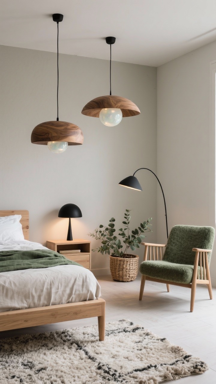 Medium corner angle: Modern Nordic Retreat scene featuring a low-profile natural oak bed with linen bedding, slim nightstands, and a spindle-back chair next to a wool reading chair; a sculptural wood-and-opal globe chandelier hangs low over the foot of the bed, matte black mushroom lamps on the nightstands create cozy light pools, and an arc floor lamp curves over the reading chair; soft greige walls, black accents, eucalyptus green textiles, woven basket planters, and a textured wool rug; dimmable, uncluttered Scandinavian mood, photorealistic.
