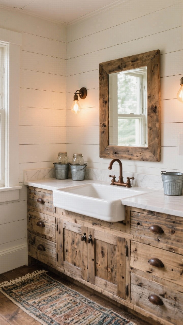 Medium corner angle of a rustic farmhouse vanity: weathered pine with visible grain, Shaker-style doors and deep drawers, iron bin pulls. White fireclay apron-front sink paired with an oil-rubbed bronze bridge faucet. Board-and-batten walls, a chunky wood-framed mirror above, vintage rug runner on the floor. Mason jar storage and small galvanized buckets on the counter, Edison-bulb sconces casting a warm, cozy light. Textured, tactile mood, photorealistic.
