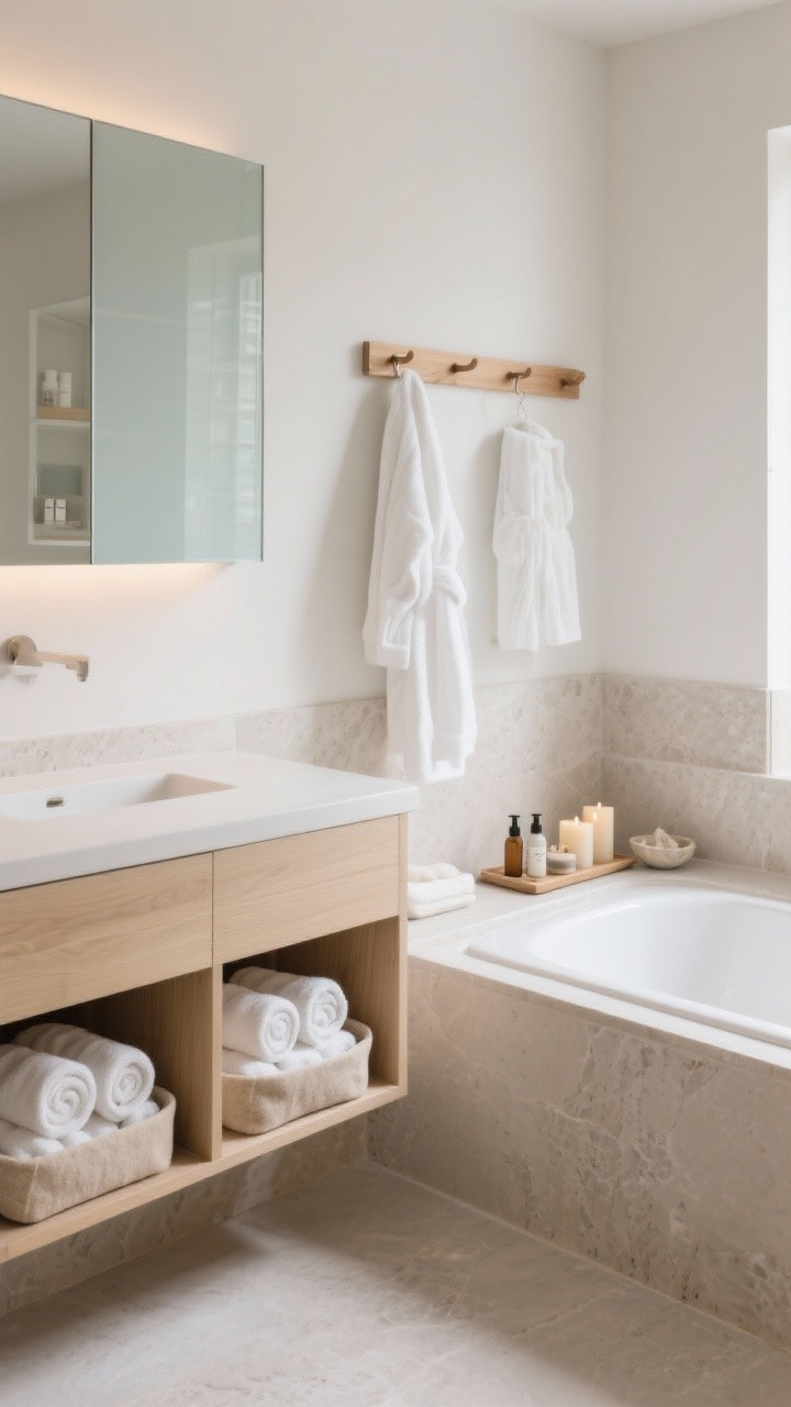Medium corner angle: Scandinavian spa bathroom with a pale oak flat-front vanity featuring open bottom cubbies neatly stacked with rolled white and soft beige towels, felt bins inside the cubbies, and minimalist oak peg hooks along a rail for robes. Include honed limestone surfaces, frosted glass accents, a wall-mounted cabinet with sliding doors for hidden products, and an extra-wide tub ledge doubling as a low shelf with candles, bath oils, and a small ceramic tray. Lighting soft and diffuse, spa-level calm.