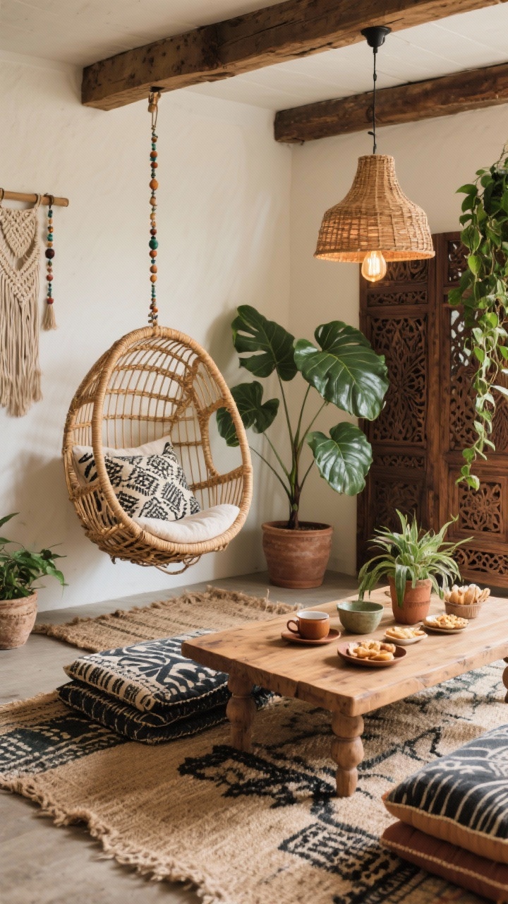 Medium corner-angle shot of a boho farmhouse hideaway: rattan egg chairs hanging from sturdy beams, filled with block-printed pillows. Layered rugs—coarse jute topped with patterned textiles—anchor a low mango-wood table set with tea and snacks. Beads and macramé hang from hooks, softening the edges. Potted fiddle-leaf figs and trailing pothos add lush greenery. Rattan pendants with warm Edison bulbs glow; palette of sand, clay, olive, and inky charcoal, with stacked floor cushions and a carved wood screen in the background.