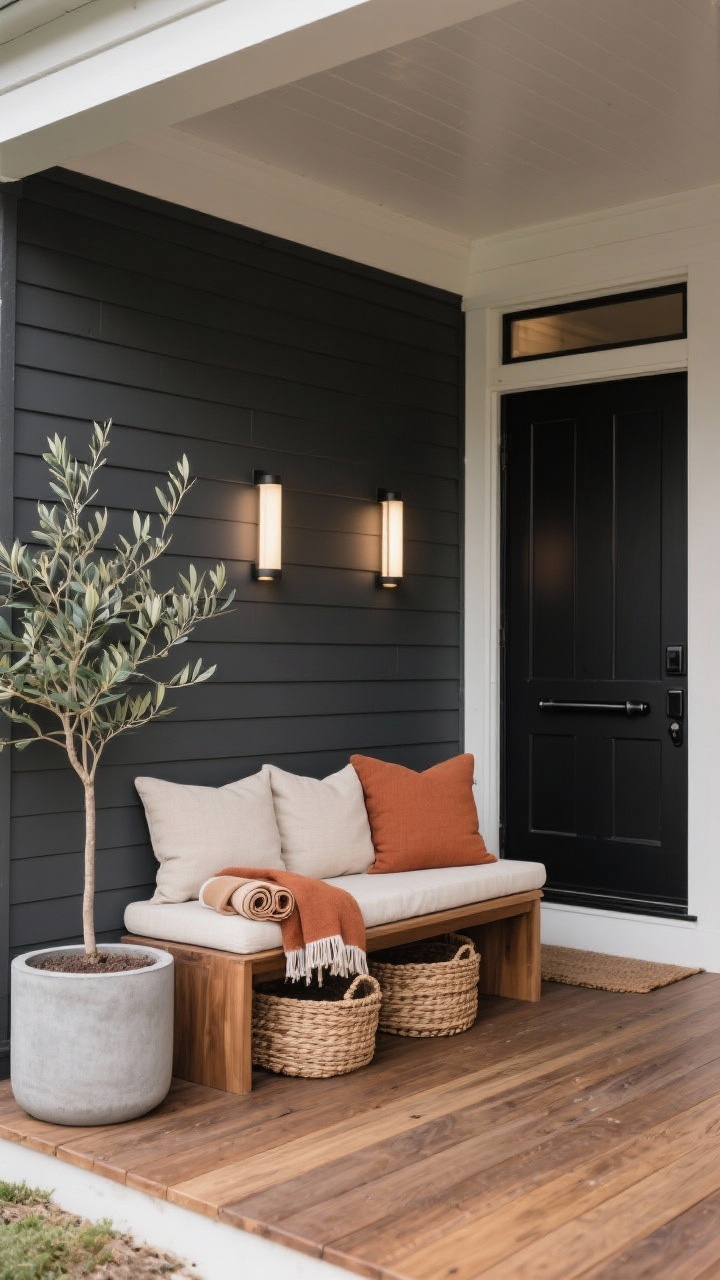 Medium corner-angle shot of a moody modern farmhouse porch: charcoal board-and-batten walls, matte black front door, and warm oiled wood decking. A sleek low-line teak bench with linen cushions in clay and rust sits against the wall, woven baskets with rolled throw blankets tucked beneath for texture. Minimal black handles and long bar pulls on the door, oversized concrete cylinder planters with slender olive trees, and slim cylinder downlights casting a clean, even glow.