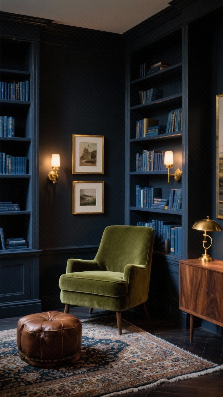 Medium corner view of a moody charcoal library with blue undertones, built-in shelving painted to match the deep charcoal walls, a moss velvet armchair, brushed brass picture lights over framed art, warm dimmable sconces and a brass pharmacy lamp, Persian-style rug, leather ottoman, walnut sideboard; low, cinematic evening lighting that makes brass gleam and textures pop, photorealistic.