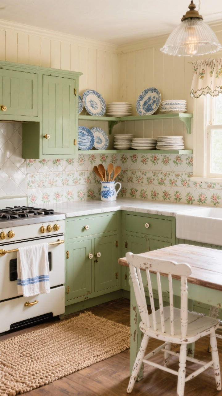 Medium corner view of vintage cottage kitchen: sage green cabinets with antique-inspired brass latches and porcelain knobs, creamy walls, beadboard paneling on the island, faux tin tile backsplash in soft cream, open shelves backed with floral peel-and-stick wallpaper displaying stacks of vintage plates, a blue-and-white pitcher, and wooden spoons in a crock; milk-glass schoolhouse lights overhead, ruffled edge tea towels draped near the range, braided jute rug underfoot, a small café table with distressed white spindle-back chairs; warm, cozy charm with soft ambient lighting.
