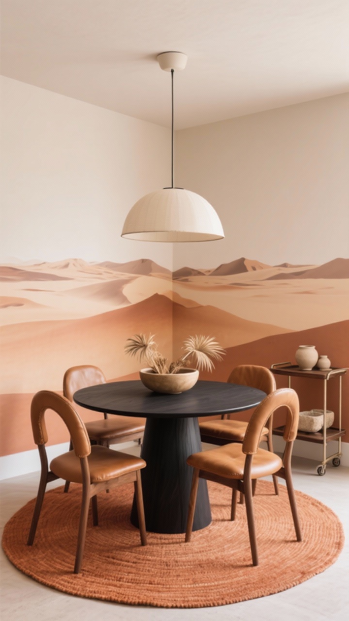 Medium dining corner, modern desert vibe: round pedestal table (matte black or oak) with arched-back chairs featuring camel faux leather seats; flatweave terracotta rug anchoring the zone; peel-and-stick wall mural of soft desert gradients as backdrop; plug-in dome pendant centered overhead; low ceramic bowl with dried palms as centerpiece; foldable bar cart with neutral stoneware in the background; palette of terracotta, sand, black, bone; warm, sculptural lines.