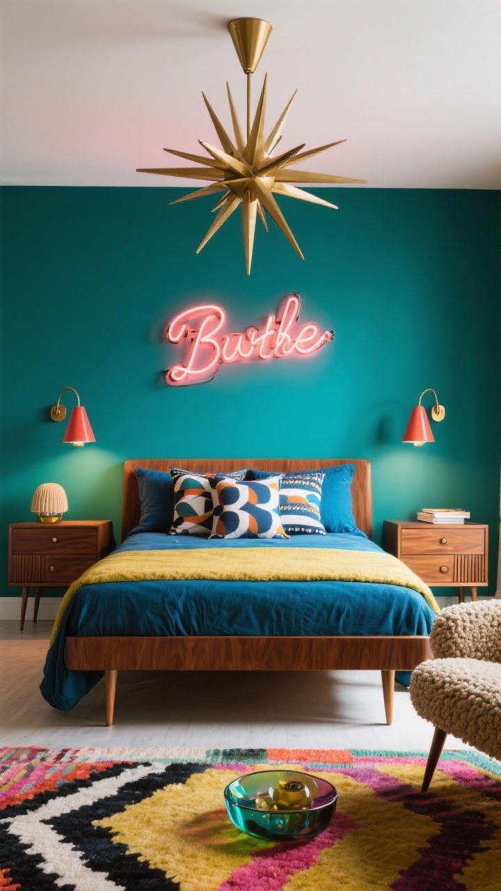 Medium, dynamic straight-on: Bold Color Pop bedroom with a sapphire (or emerald) accent wall behind a walnut bed with tapered legs; a mid-century starburst chandelier in brushed brass centered overhead; cone-shade swivel sconces in lacquer color echoing bedding flanking the bed; a custom neon word sign above a dresser casting a dimmable glow; fluted-front nightstands, a boucle chair, graphic throw pillows, bold rug, and colorful glass catchall; balanced warm lamp light with neon; photorealistic, high-energy retro flair.