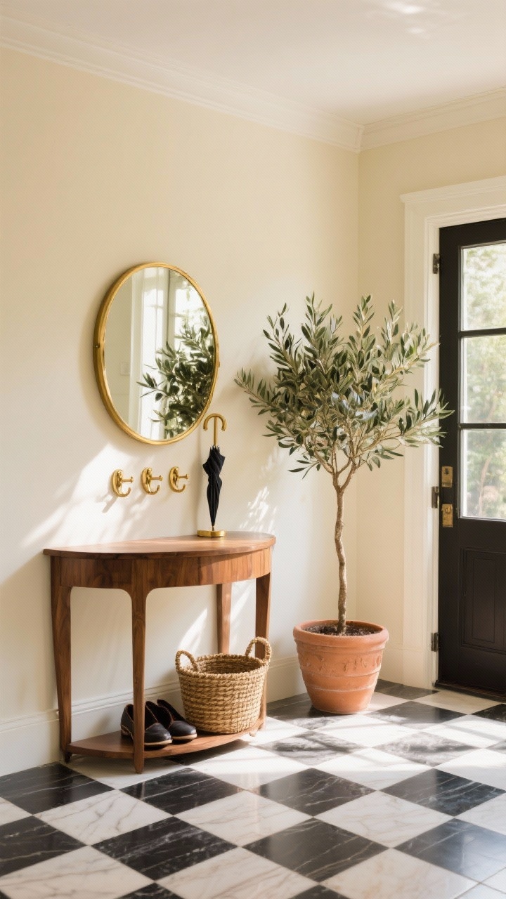Medium entryway shot with buttercream walls that read like sunlight, black-and-white checkerboard floors (tile or painted wood), a warm wood demilune console, round gilt mirror above, polished brass hooks and umbrella stand, woven basket for shoes, an olive tree in a terracotta pot for height; bright, welcoming daylight streaming in, photorealistic.