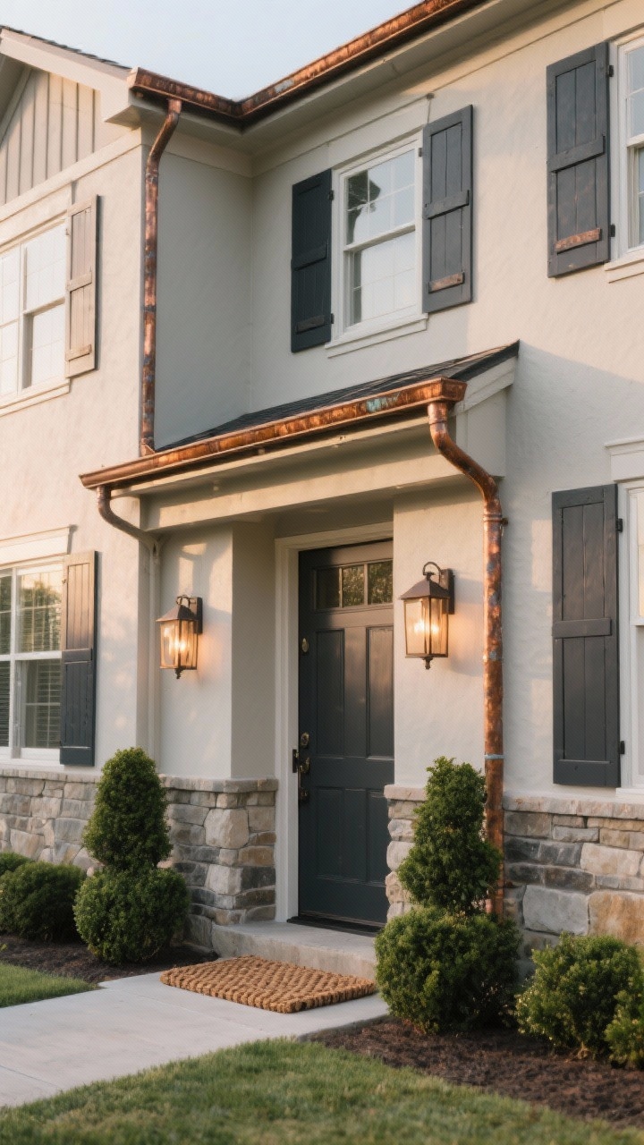 Medium exterior view from a slight corner angle of a home in neutral greige satin body color; smoked charcoal trim on fascia, shutters, and the front door; real copper gutters and downspouts beginning to patina; a stone veneer base along the lower wall; symmetrical topiaries at the entry, a woven doormat, and warm lantern-style sconces; soft late-afternoon light for a tailored, elevated feel; photorealistic.