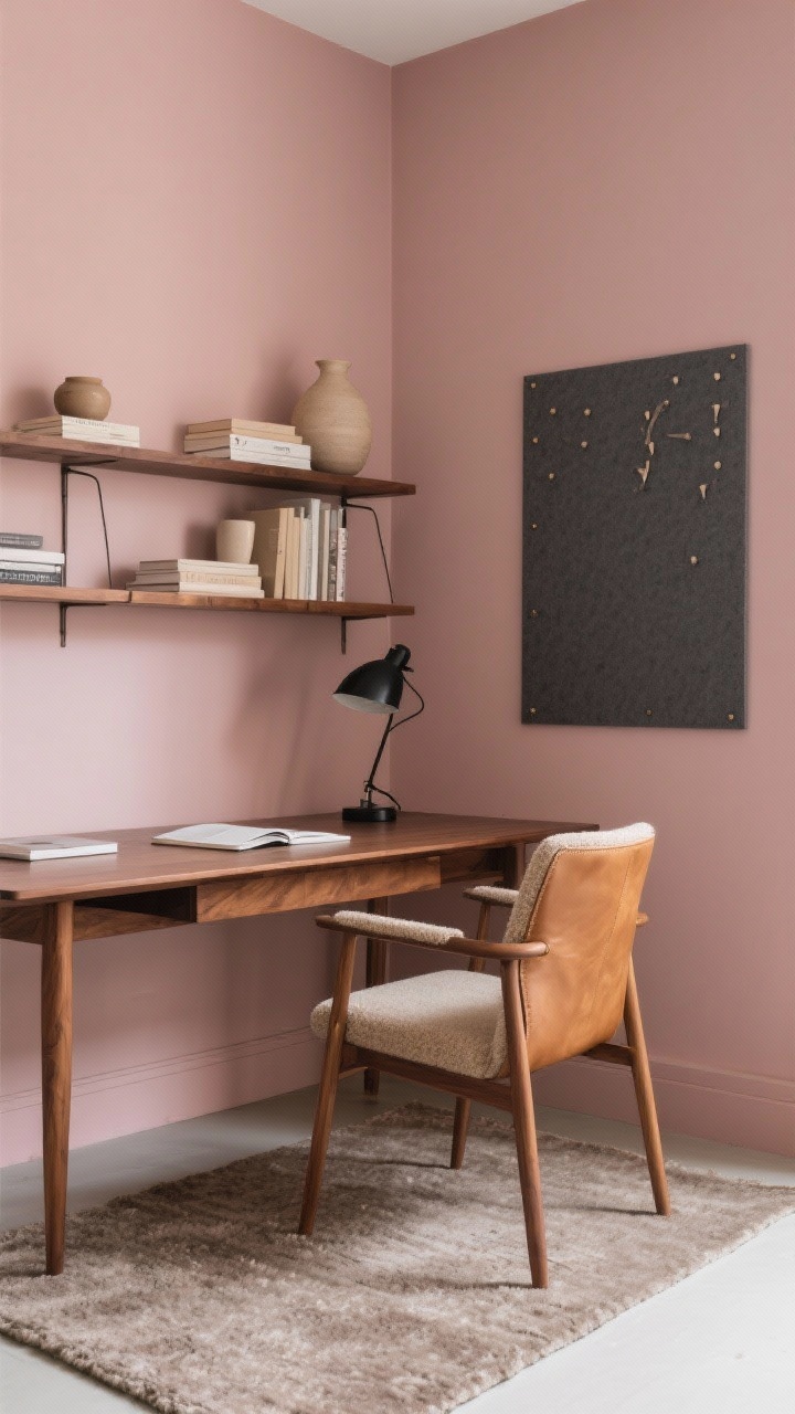 Medium home office scene with dusty rose walls (muted rose with brown-gray undertones), mid-century walnut desk with clean lines, matte black task lamp, open shelving styled with neutral books and ceramics, camel leather or oatmeal wool desk chair, low-pile taupe rug, charcoal pinboard on the wall; controlled, even daylight for a calm focus vibe, photorealistic.