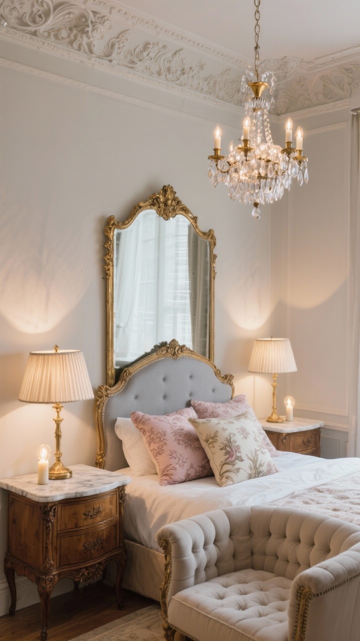 Medium, intimate vignette: Vintage Parisian Charm corner with ornate crown molding catching sparkle from a small crystal chandelier; antique-style brass candlestick lamps with pleated shades on marble-topped nightstands flanking a carved wood bed; two subtle floor uplights behind a leaning gilt mirror creating dreamy layered shadows; palette of cream, dove gray, antique gold, dusty rose; toile/damask pillows on a tufted chaise nearby; warm filament-style LED bulbs for candlelit ambiance; photorealistic.