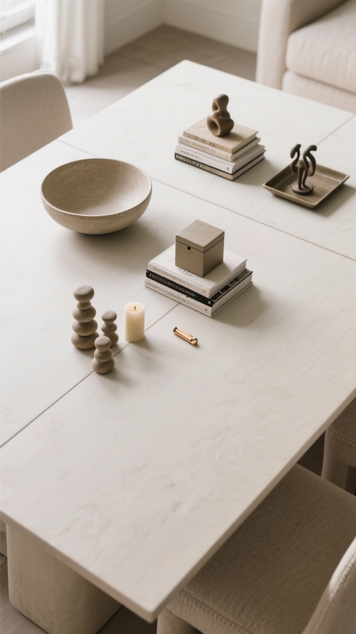 Medium overhead three-quarter view illustrating the rule of thirds: the table visually divided into three zones, each a mini-vignette with odd-number groupings (threes and fives); Zone 1: substantial bowl, medium lidded box, small candle; Zone 2: stack of books, small sculpture, match striker; Zone 3: negative space intentionally left open; for a larger table, include a tray plus a separate book stack to define areas; clean composition, calm neutrals, crisp morning light for clarity