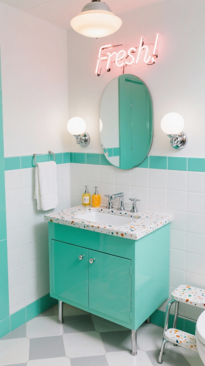 Medium, playful straight-on shot, photorealistic: Retro color-pop bathroom featuring a mint green vanity with a terrazzo countertop flecked in color, glossy white square tile walls with contrasting teal grout, and a checker floor in white and soft grey. Round chrome globe sconces flank a pill-shaped mirror, an opalescent flush mount provides general light, and a neon word sign reading “Fresh!” glows above a towel hook. Polished chrome hardware, citrus-colored soap dispensers, and a retro step stool. Bright, even lighting that makes colors pop without washout.