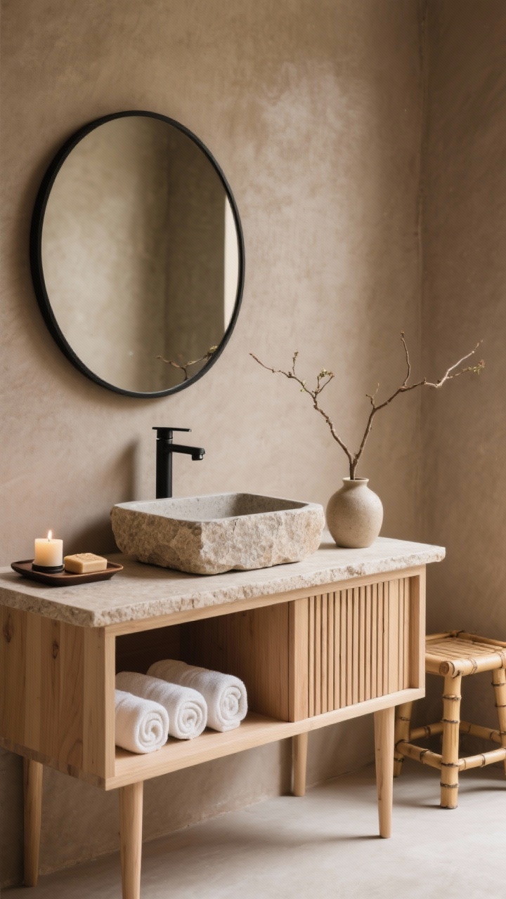 Medium, serene Japandi vignette: light ash wood vanity with vertical slat doors on slender legs, an open shelf below holding neatly rolled towels. A textured stone vessel sink atop a natural limestone slab with eased edge, paired with a wall-mount matte black faucet. Warm taupe microtopping walls, a thin black-framed round mirror, and a small tray with a tea candle and hinoki soap. A bamboo stool and a single branch in a ceramic bud vase nearby. Soft, warm ambient light, calm atmosphere, photorealistic.