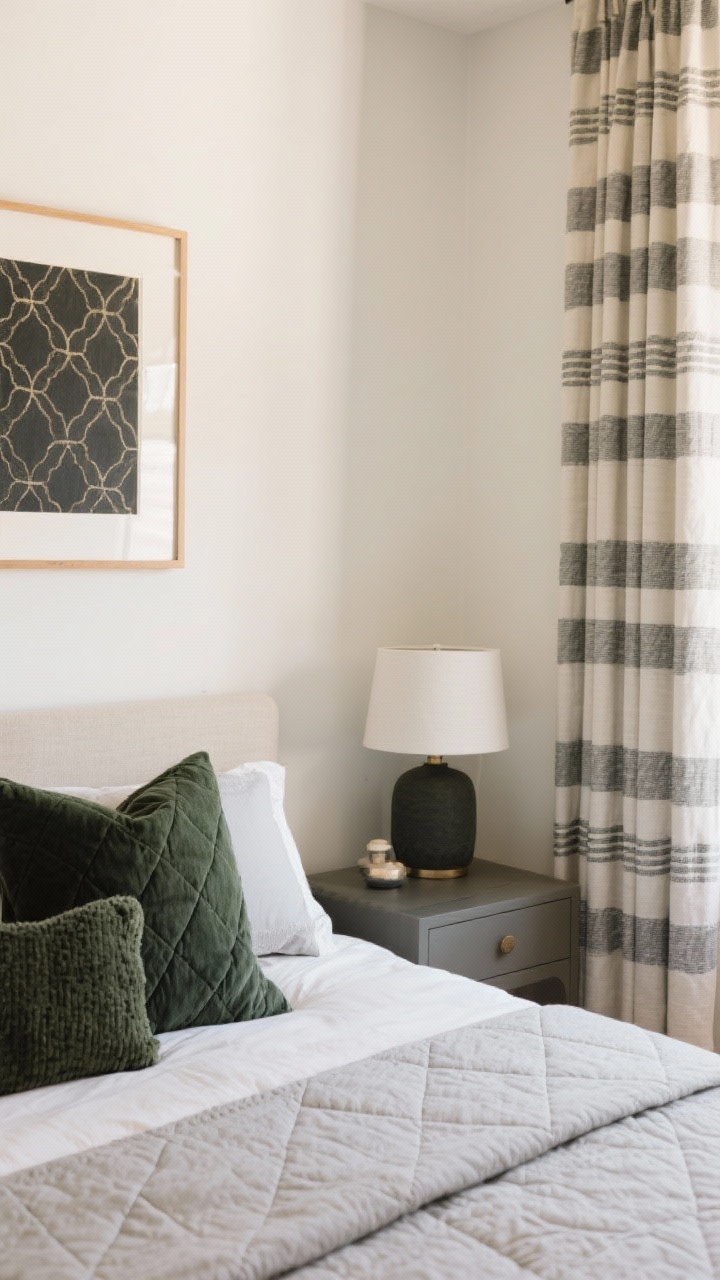 Medium shot: A small bedroom corner featuring a calm foundation of light, warm neutrals (warm white walls, pale greige bedding) with thoughtful contrast in charcoal or deep green accents (throw, cushion, or lamp). Show one hero pattern—either a subtly patterned quilt, an accent wallpapered wall, or vertical striped drapes that add height without chaos. Use fewer, larger pieces: an oversized framed artwork and substantial nightstand, minimizing small knickknacks. Soft, even daylight.