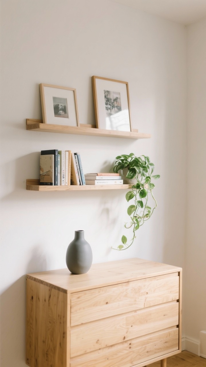 Medium shot: A styled wall with two floating shelves stacked above a light wood dresser. Shelves hold a balanced mix—layered picture ledges with interchangeable frames, a few books laid horizontally, a matte ceramic vase, and a trailing pothos plant. Items arranged in odd numbers with varied heights for an effortless look. Soft morning light; clean, airy feel suited for renters. No people.