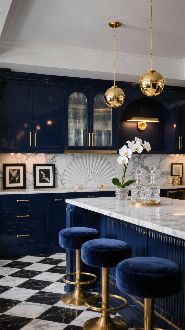Medium shot, Art Deco luxe: midnight navy lacquered cabinets with polished brass edge pulls gleaming; dramatic Calacatta marble countertops and matching slab backsplash with bold gray veining; fan-patterned black-and-white tile floor; fluted glass cabinet door and ribbed island panel; brass globe pendants overhead and a brass picture light illuminating a built-in bar niche; velvet counter stools with brass bases; styled with crystal decanters, a single white orchid, and black-framed art prints. Glamorous, evening glow, photorealistic.