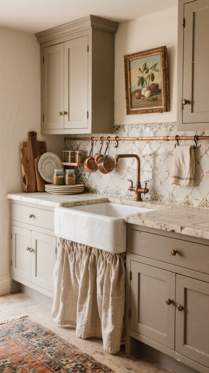 Medium shot at a slight angle of a European farmhouse pantry: mushroom-colored shaker cabinets with latch hardware, apron-front prep sink with aged finish, tumbled limestone countertop, zellige tile backsplash with uneven glazing, copper pot rail with patinaed hooks and a few copper pieces; built-in plate rack and vertical spice cubby with jars labeled in handwriting; petite skirted curtain under the sink in natural linen; antique rug on the floor, framed oil still life above; styling includes olive wood boards and linen tea towels; warm, diffuse daylight; photorealistic.