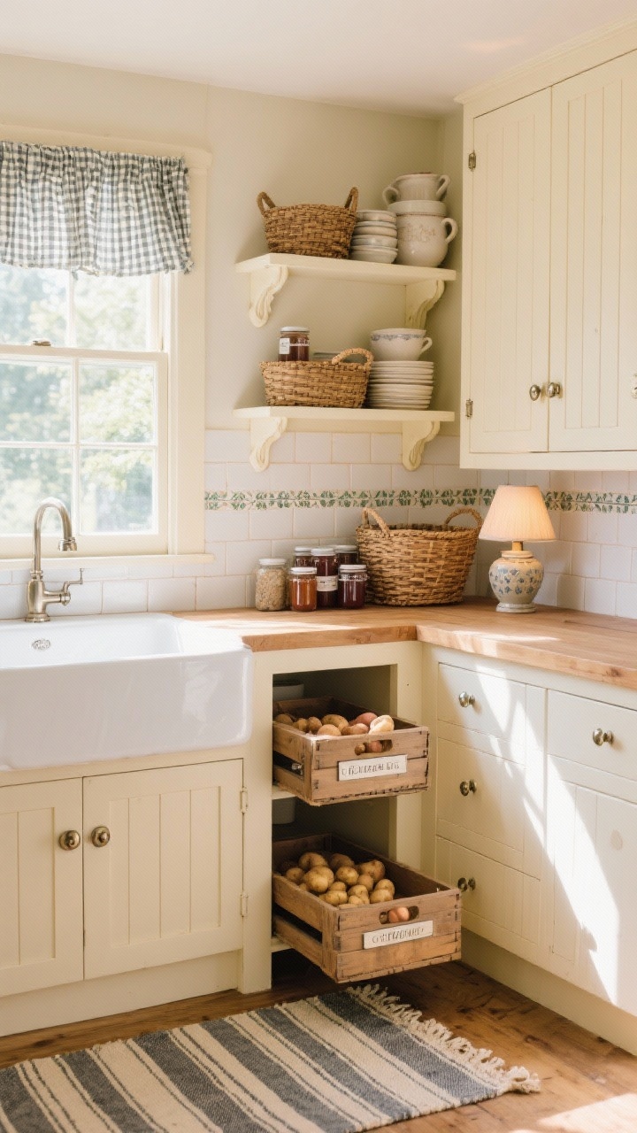Medium shot at a sunny window angle: A sunlit cottage prep pantry with buttercream beadboard cabinets, polished nickel latches, and an apron-front farmhouse sink under a window with gingham café curtains. Warm honed oak countertops pair with handmade white zellige tile climbing the wall. Open shelves with scalloped brackets display stacked stoneware, woven baskets, and jam jars. Include a tall pull-out for baking sheets slightly ajar, crate-style drawers labeled for potatoes and onions, and an upper corner lazy Susan door. Style with layered striped runners and a small vintage rug, plus a ceramic lamp glowing softly on the counter in afternoon natural light.