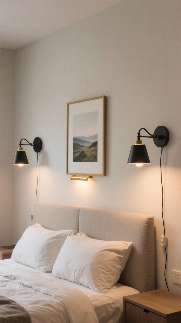 Medium shot: Bed wall featuring lighting as decor—pair of matte black swing-arm sconces flanking the headboard (plug-in cords neatly managed), plus a slender brass picture light centered over a framed landscape above the bed. Ambient glow with warm bulbs at 2700K–3000K creates cozy illumination, freeing nightstand surfaces. Neutral bedding and soft shadowing on the wall for designer-level polish. No people.