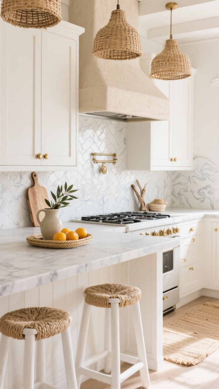 Medium shot, Coastal Cream kitchen vignette: warm white shaker cabinets with brushed brass knobs, veined quartz countertop with soft gray swirl, handmade white zellige tile backsplash catching light with subtle ripples, plastered range hood in a soft sand tone, woven rattan pendants overhead, a jute runner partially visible on the floor, whitewashed counter stools with natural cord seats, a shallow rope-wrapped tray with citrus, ceramic pitcher with olive branches, driftwood cutting boards leaning against the backsplash; breezy, sunlit beach-house serenity, photorealistic.