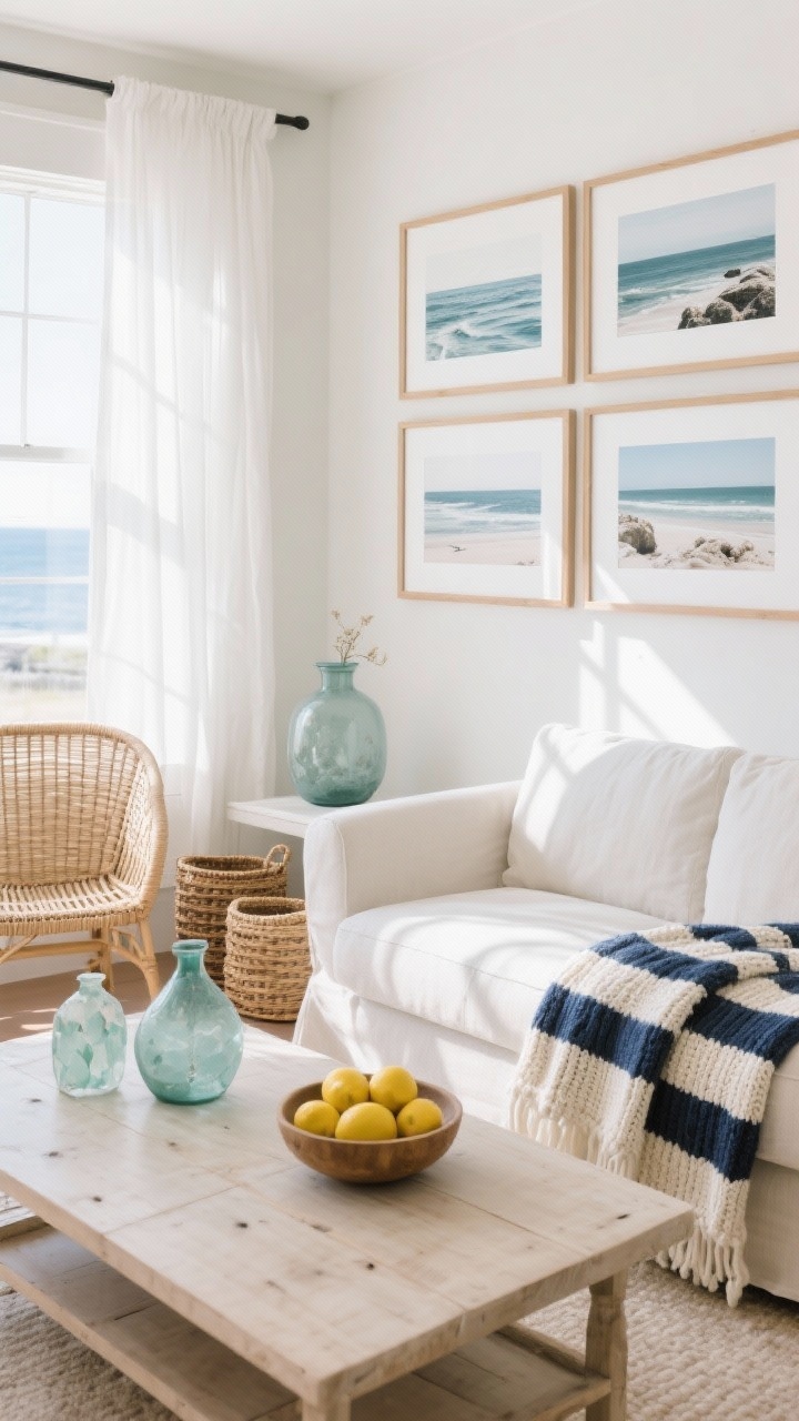 Medium shot, Coastal Modern Breeze seating nook: pale slipcovered sofa with breezy white sheers filtering sunlight, bleached wood coffee table with a bowl of lemons. A rattan accent chair sits beside a navy-and-ivory striped runner; woven baskets tucked nearby. On the wall, coastal photography with wide white mats and slender oak frames; tabletop displays sea-glass-colored vases and a chunky knit throw draped casually. Cool, airy palette of soft white, sandy beige, navy, sea glass. Fresh daylight, photorealistic.