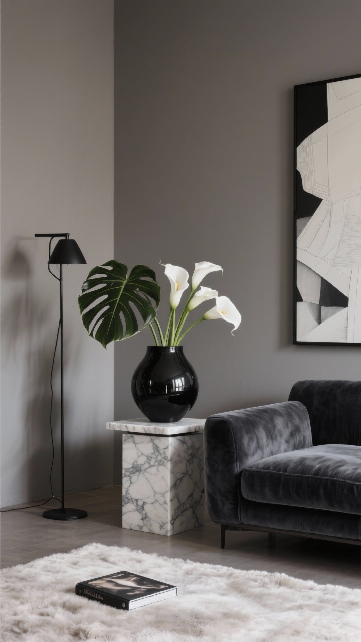 Medium shot, corner angle: A gallery-worthy modern living space featuring a matte black ceramic sculptural vase on a marble pedestal side table, holding all-white calla lilies and large architectural monstera leaves. Background walls in warm gray, a low-profile charcoal velvet sofa with clean lines, a large abstract print, a black metal floor lamp, and a plush soft rug. Place a single glossy art book under the vase. Palette: black, white, charcoal, soft gray. Materials: ceramic, marble, velvet, metal. Controlled, diffused lighting for crisp contrast, minimal and striking, photorealistic.