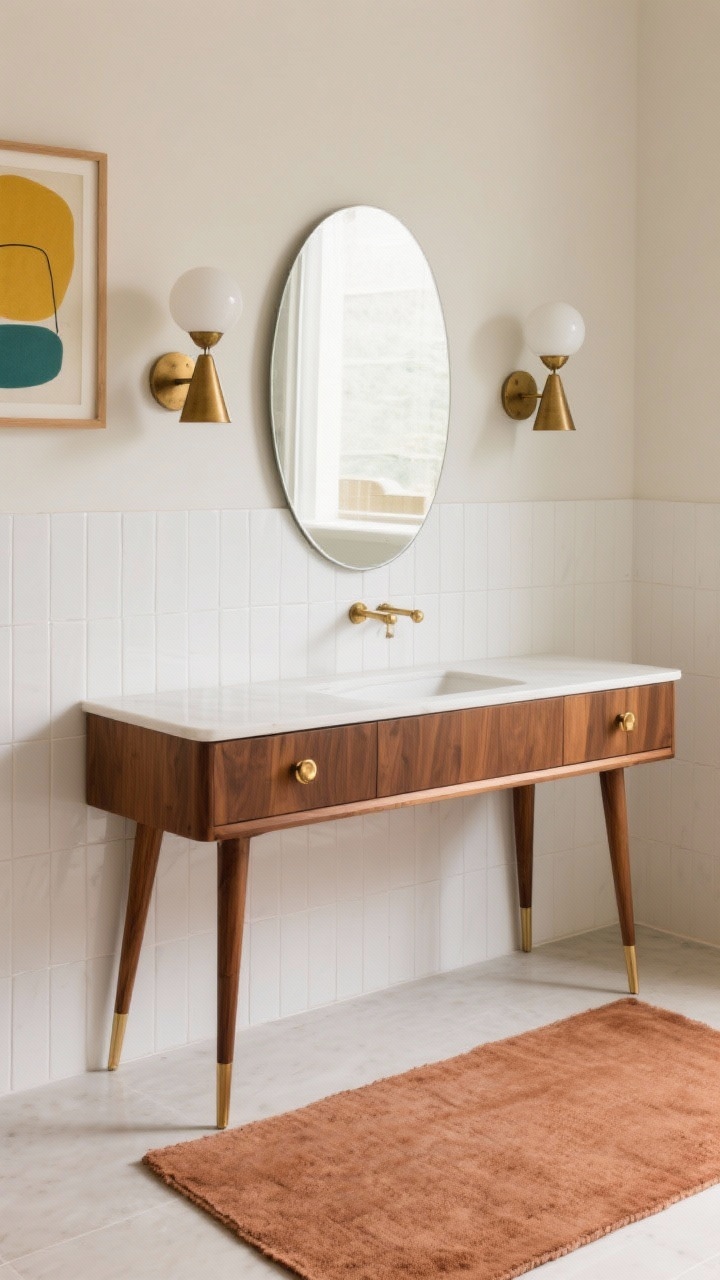 Medium shot, eye-level: Mid-century modern vanity scene with a pill-shaped mirror centered above a warm walnut vanity on tapered legs. Cone or globe sconces in aged brass crown the mirror. Vertical stacked rectified white tile backsplash adds crisp geometry. A muted terracotta rug grounds the vignette with cozy color. Palette: cream, walnut, brass, and a pop of muted clay. Brass knobs with clean lines, and a framed abstract print featuring mustard and teal accents completes the look.