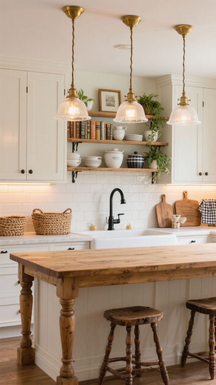 Medium shot, farmhouse kitchen vignette: warm white shaker cabinets, farmhouse sink, rustic maple island with turned legs; three milk-glass schoolhouse pendants glowing softly above; brass library-style picture lights mounted above open shelves displaying crockery and plants; warm LED under-cabinet strips making white subway tile look creamy; black iron hardware grounding the scene; accents of woven baskets, vintage cutting boards, and gingham tea towels; cozy, welcoming light.