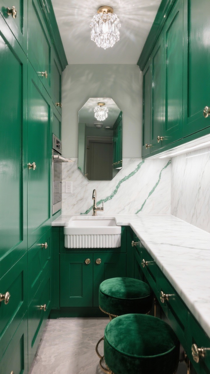 Medium shot focusing down a compact galley: Jewel-box pantry kitchen with floor-to-ceiling lacquered deep emerald cabinetry featuring polished nickel cremone bolts; soft cloud-white quartz counters and backsplash with a thin green-grey vein; petite fluted apron-front sink with polished nickel bridge faucet; petite crystal flush-mount ceiling lights adding sparkle; a smoked mirror panel on one wall to bounce light; velvet-covered counter stools tucked under; rich emerald, cloud white, nickel tones, photorealistic.