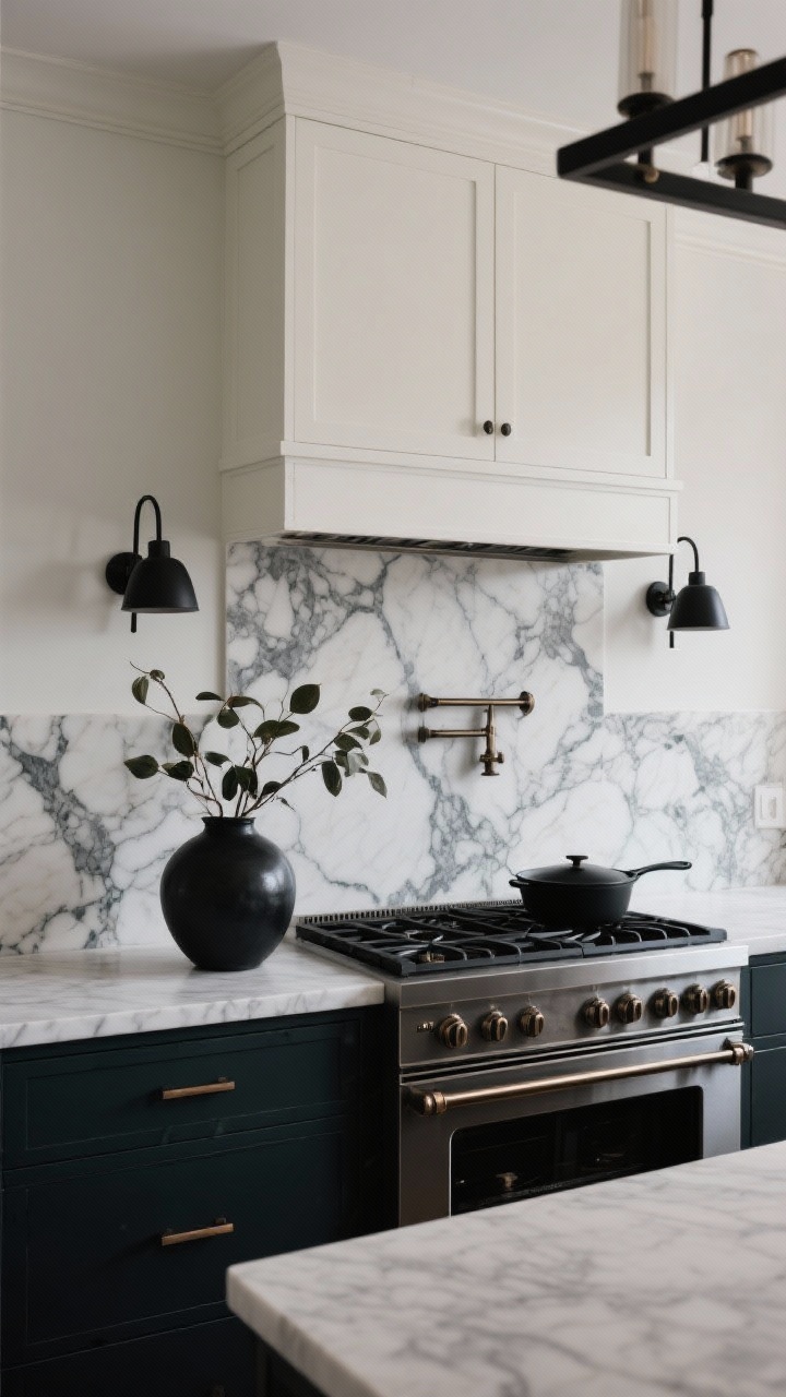 Medium shot focusing on the range wall for a moody marble moment: lower cabinets painted deep charcoal/ink/deep forest, uppers in soft white, bold marble-look quartz with strong veining as a bookend slab backsplash behind the range, satin black or antique bronze bar pulls, sculptural black sconces flanking the slab and a linear chandelier visible above. Style with matte black cookware on the stovetop and a single oversized vase of leafy branches on the counter. Low, dramatic lighting with soft highlights on the veining, photorealistic.
