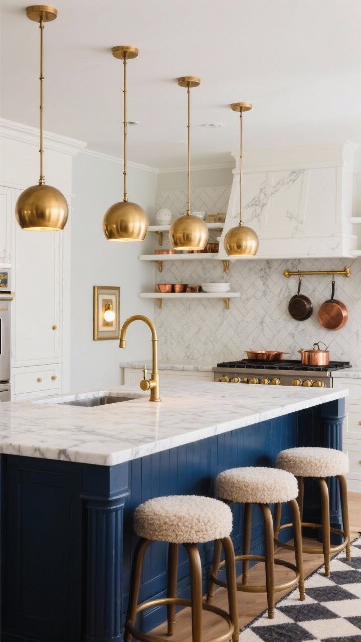 Medium shot focusing over the island: A navy kitchen island beneath a cluster of brushed-brass globe pendants hung at varied heights, casting a warm golden glow onto veined Calacatta quartz; unlacquered brass faucet, a brass picture light over open shelving, and a slender brass rail displaying copper pans; creamy white surrounds with a marble herringbone backsplash running to the ceiling behind the range; curved-back stools in oatmeal boucle; add a playful checkered runner; photorealistic, retro-glam warmth.