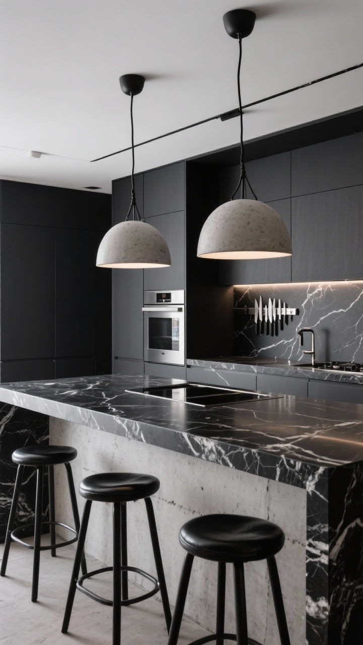 Medium shot from a chef’s-eye perspective across a dramatic veined black stone island in a monochrome kitchen: graphite cabinets, stainless appliances; two oversized concrete dome pendants with black cords centered over the island; textures highlighted—polished steel, honed stone, raw concrete; black leather saddle stools lined up, magnetic knife strip on the wall; controlled, directional lighting for a bold, professional feel, photorealistic.