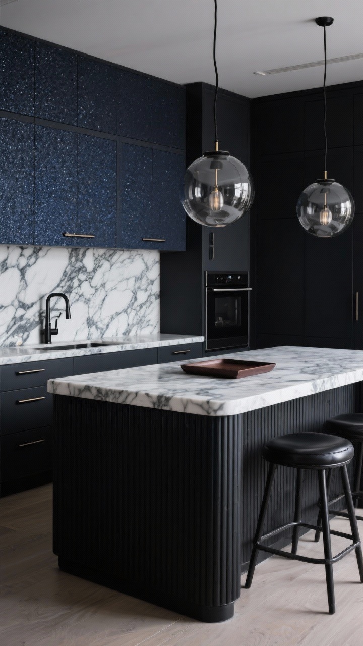 Medium shot from a corner angle: A moody marble monochrome kitchen featuring charcoal cabinets with a subtle micro-shimmer and a dramatic black-and-white heavily veined marble countertop continuing up as a full-height backsplash; midnight blue-black ribbed island base; pair of oversized smoked-glass globe pendants on black cords casting a soft glow over the stone; minimalist blackened steel pulls, matte black faucet; leather stools and a dark walnut tray accent; palette of graphite, black, deep navy, and white veining; boutique-hotel-bar ambiance, photorealistic.