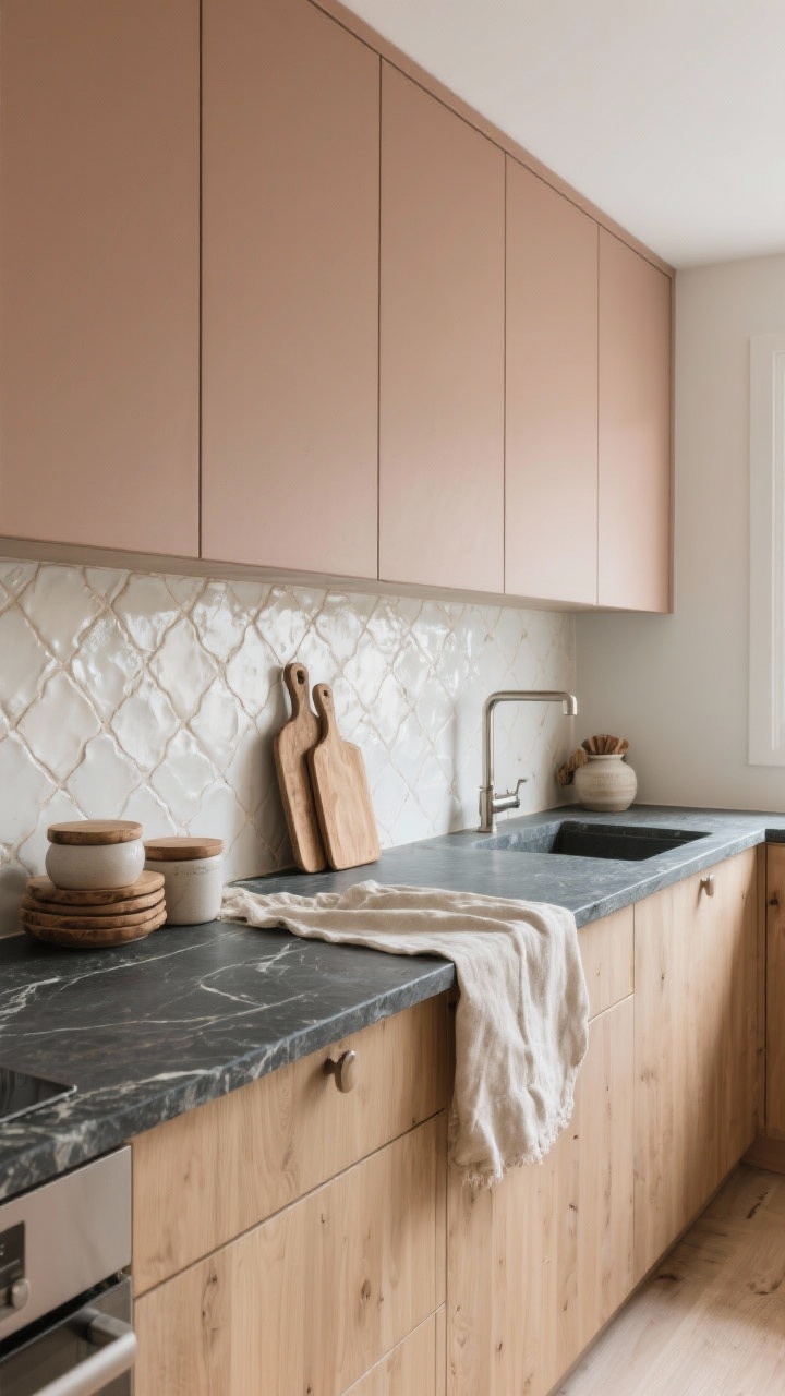 Medium shot from a corner angle capturing a Nordic-organic kitchen: dark soapstone countertop with soft chalky veins and eased edges, gently patinaed; base cabinets in light European oak (flat-panel) with upper cabinets in muted clay/mushroom paint; handcrafted warm white zellige tile backsplash with subtle texture and irregular shine; brushed nickel fixtures; decor includes natural linen runner, stacked wooden chopping boards, and ceramic canisters. Soft, cozy daylight, warm tones, tactile textures.