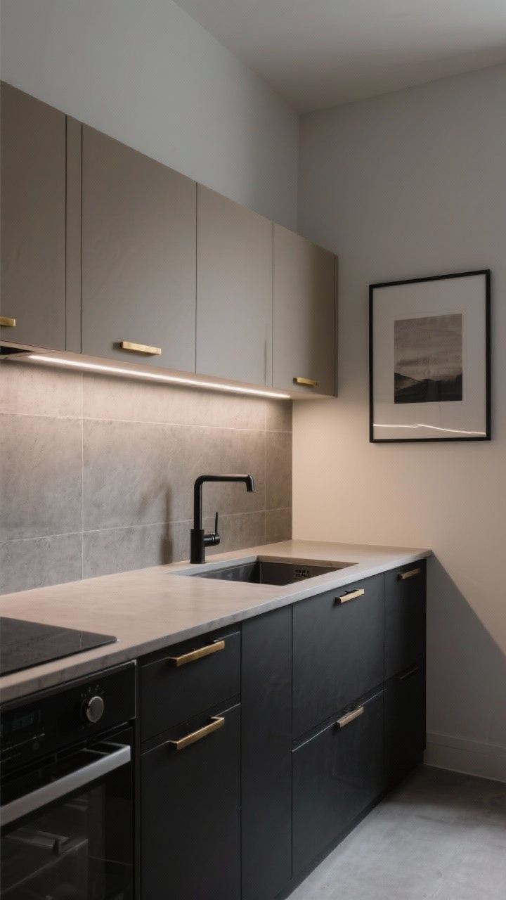 Medium shot from a corner angle of a moody minimalist kitchen: deep charcoal lower cabinets (almost black), soft taupe/greige uppers, brushed brass pulls, matte black faucet at the sink, slim linear LED light above the sink casting an even glow, concrete-look peel-and-stick backsplash, clean counters with hidden storage bins not visible, and one oversized framed art print on a blank wall; controlled, gallery-like lighting with soft shadows; photorealistic.