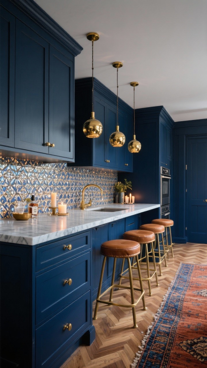 Medium shot from a corner angle of a moody navy galley kitchen: navy blue shaker cabinets with unlacquered brass hardware, marble-look quartz countertop, shimmering zellige tile backsplash; above a slim galley island, a cluster of small brass globe pendants at varying heights casting a warm romantic glow; camel leather bar stools with brass frames, herringbone oak flooring, vintage runner in rust and indigo visible along the aisle; candlelit, cocktail-bar ambiance, photorealistic.
