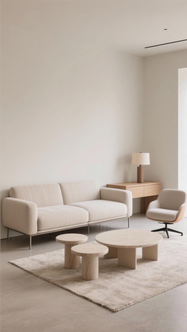 Medium shot from a corner angle showing scaled, airy furniture: a 72–80 inch sofa with slim arms and exposed legs floated a few inches off the wall, a narrow console table tucked behind it with a small lamp, round nesting side tables, and an oval coffee table to maintain flow. Include armless accent chair or low-profile swivel chair, soft neutral palette, and emphasize negative floor space visible under furniture for an open feel.