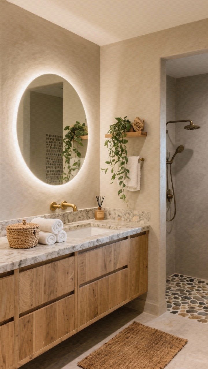 Medium shot from a slight corner angle: A spa-like bathroom with a large round mirror featuring integrated LED backlighting creating a soft halo on warm greige walls. Light teak vanity with slab drawers and brushed brass fixtures. Stone-look quartz countertop with rolled white towels and a woven lidded basket. Tumbled pebble shower floor visible in background, teak bath mat near the vanity. A trailing pothos drapes from an open shelf. Eucalyptus shower bundle and a sandalwood diffuser add subtle, serene ambiance. Warm, soothing lighting.
