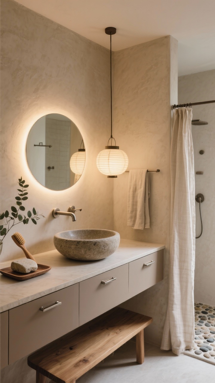 Medium shot from a slight corner angle of a Japandi bathroom vignette: beige microcement walls, a rounded stone vessel basin atop a light-taupe vanity with brushed nickel hardware, a glow-y backlit round mirror, a small paper lantern pendant hanging nearby, and a low-profile teak bench with a linen shower curtain and a pebble-textured shower floor visible in the background; soft, warm ambient lighting for a spa-cozy feel; on the counter, a shallow tray holding a stone soap, wooden brush, and eucalyptus sprig.