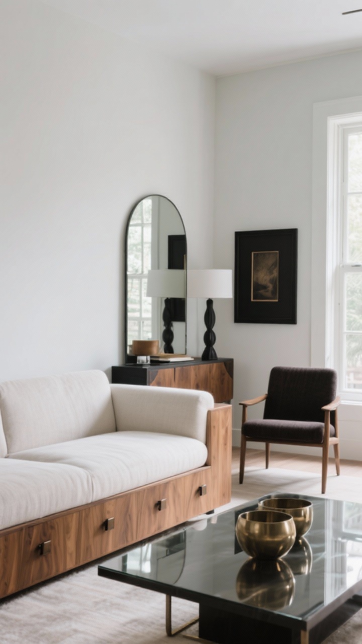Medium shot highlighting a light base with contrast: soft white or pale greige walls, a light fabric sofa, and warm wood tones with visible grain. Add controlled contrast via black or dark bronze hardware, a deep-toned side chair, and a bold dark picture frame. Incorporate reflective surfaces thoughtfully—mirror opposite a window, glass or lacquer coffee table, and a few metallic accents—balanced with matte textures to avoid an overly shiny look. Even daytime lighting for bounce.