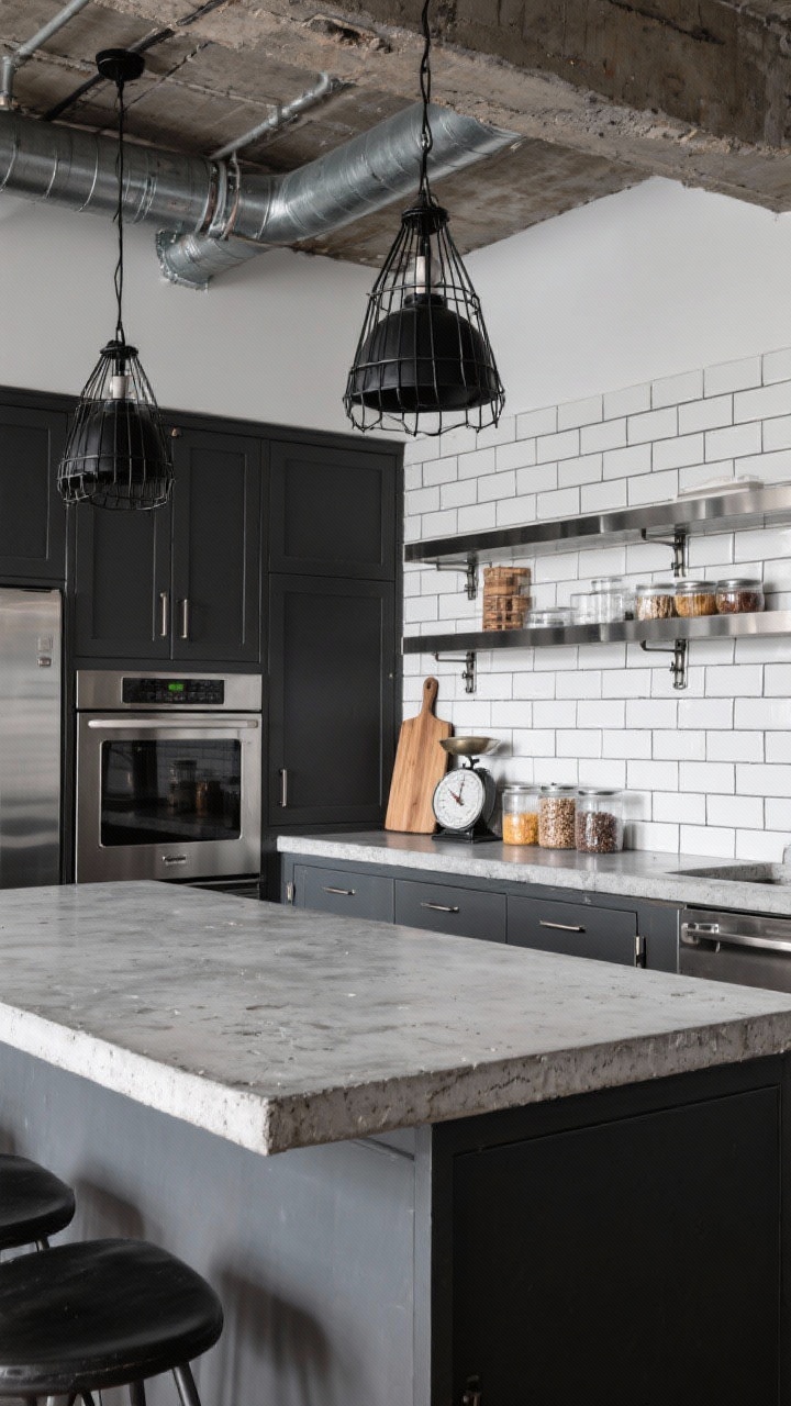 Medium shot, industrial kitchen with rugged edge: poured concrete countertop, slightly mottled and matte, with a thick-profile edge on the island; charcoal flat-front cabinets; stainless steel appliances; stainless shelf rail with visible brackets; stacked white subway tile backsplash with dark grout; black cage pendants overhead; decor includes exposed wooden cutting boards, a vintage scale, and clear canisters filled with pantry staples. Urban, utilitarian, cool-toned lighting.
