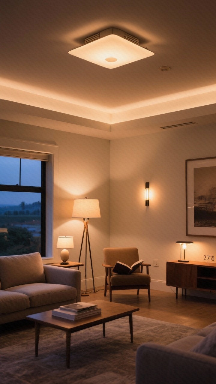 Medium shot: Layered lighting scene in a living room at dusk—ambient ceiling fixture on a dimmer, a floor lamp by the sofa for task lighting, a table lamp near a reading chair, and accent lighting via a picture light or small lamp on a console. Warm bulbs at 2700K–3000K create a cozy glow, avoiding harsh overhead glare. Straight-on view capturing multiple light sources, photorealistic, no people.
