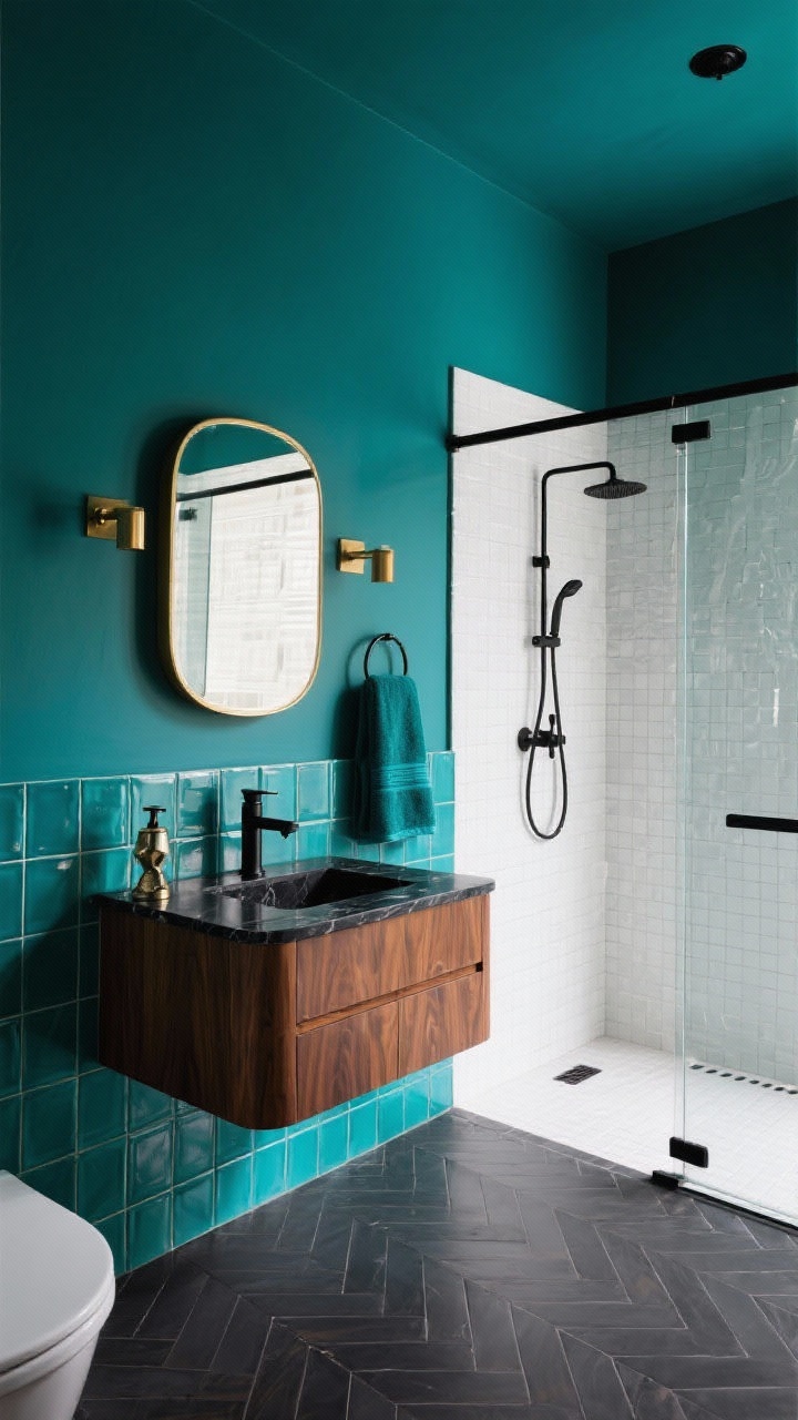 Medium shot, low corner angle: Bold jewel-box bathroom drenched in deep teal walls and ceiling, lower half wrapped in glossy teal zellige tiles with varied sheen. A wall-mounted walnut vanity with a black marble top, paired with a matte black faucet and a burnished brass mirror. Charcoal porcelain chevron floor adds movement; clear glass shower with a black grid rail and linear drain visible beyond. Jewel-toned towels and a sculptural soap pump sit atop the vanity; richly saturated, dramatic, photorealistic.