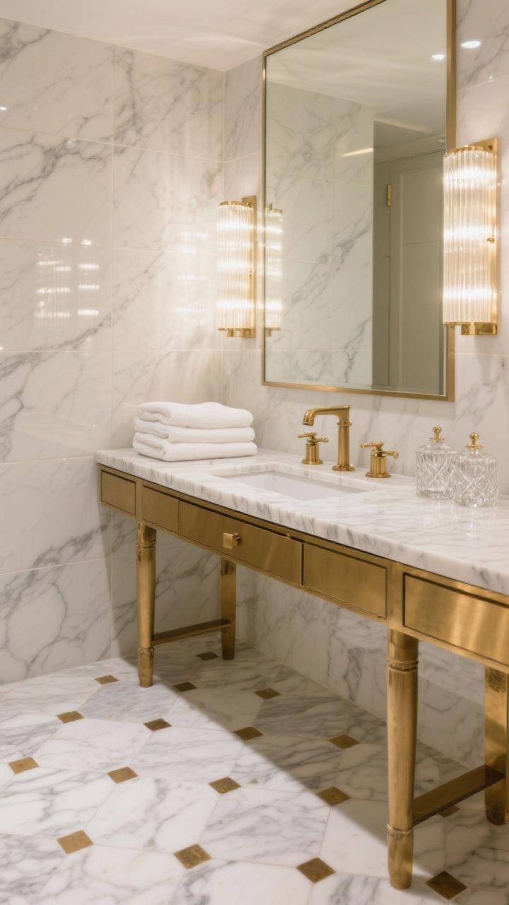Medium shot, Luxe Hotel: photorealistic marble mosaic floor in small hex (Calacatta-style) with whisper-thin gray veining and warm white grout, luminous sheen. High-gloss full-height wall tile reflecting light. Warm brass console vanity with thick-edge marble top; backlit mirror and layered sconces creating glamorous glow. Accents: plush white towels neatly stacked, glass canisters, cut crystal soap dispenser. Fixtures: unlacquered brass taps beginning to patina. Five-star, evening-sparkle lighting.