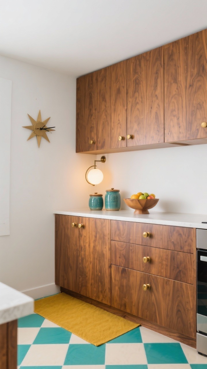 Medium shot: Mid-century modern kitchen corner with flat cabinet fronts clad in warm walnut-look contact film, brushed brass knobs, and a starburst clock on a white wall; a geometric runner in mustard and teal leads toward a checkerboard peel-and-stick floor (sage and cream option visible); globe sconce glows warmly above ceramic canisters in retro hues and a sculptural fruit bowl; clean lines, slightly low angle to emphasize geometric shapes.