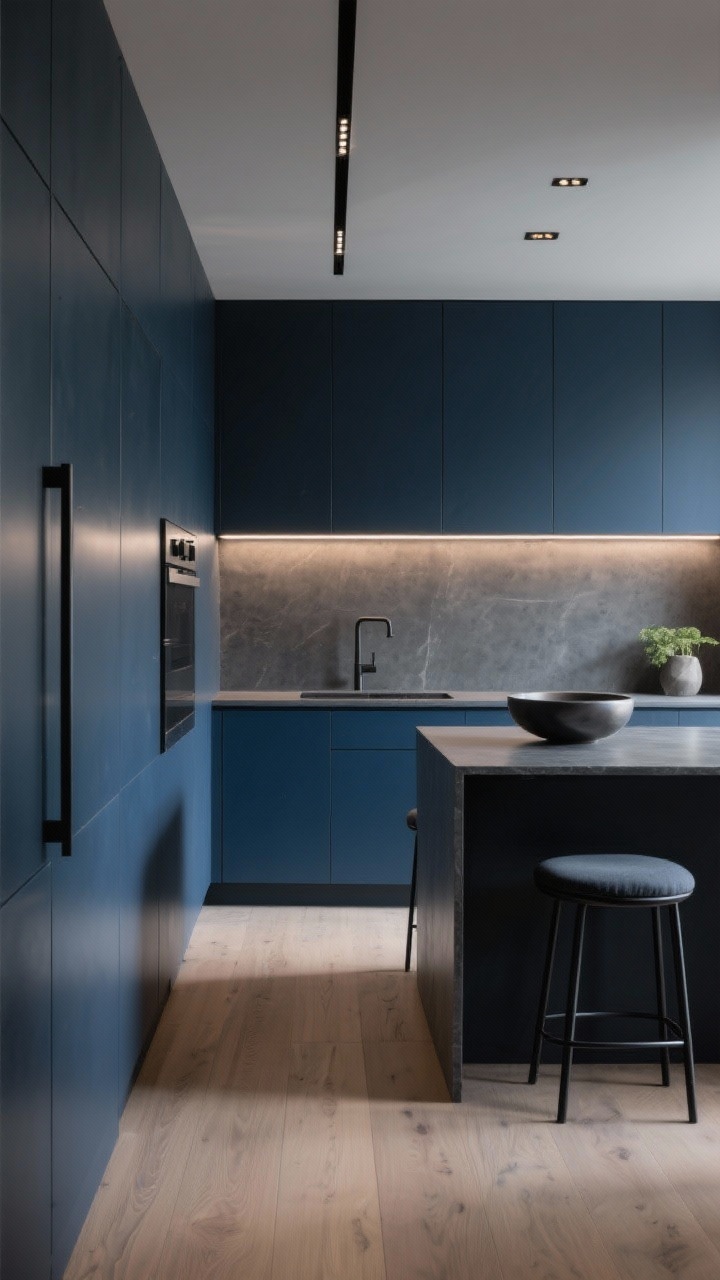 Medium shot, modern mood galley: ink blue flat-front cabinets in a super-matte finish; matte black pulls; charcoal concrete-look countertop; full-height slab backsplash in the same material; pale oak flooring for contrast; slim linear LED fixture centered over the island with recessed cans for clean lines; low-profile black metal stools with upholstered seats; a single sculptural bowl and minimal greenery; uncluttered, dramatic, moody lighting with controlled reflections. Photorealistic, straight-on view.