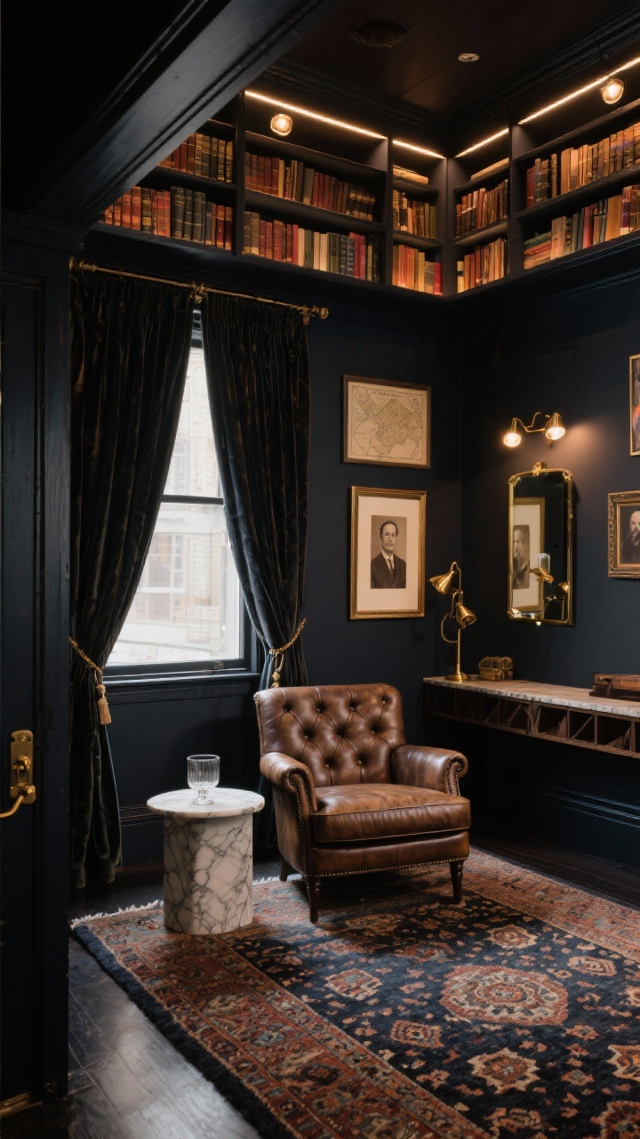 Medium shot, Moody Library Lounge: In a room painted deep charcoal, ceiling-height bookcases with integrated library lights cast a warm glow over shelves. Seating is a tufted leather club chair next to a marble-topped side table holding a lowball glass. A patterned wool rug anchors the space, with rich velvet curtains framing a window. Antique brass hardware and picture lights add metal notes. Art includes framed vintage maps, sepia portraits, and a strategically placed mirror to bounce light. Low, atmospheric lighting evokes a speakeasy vibe; angled view from doorway, photorealistic.