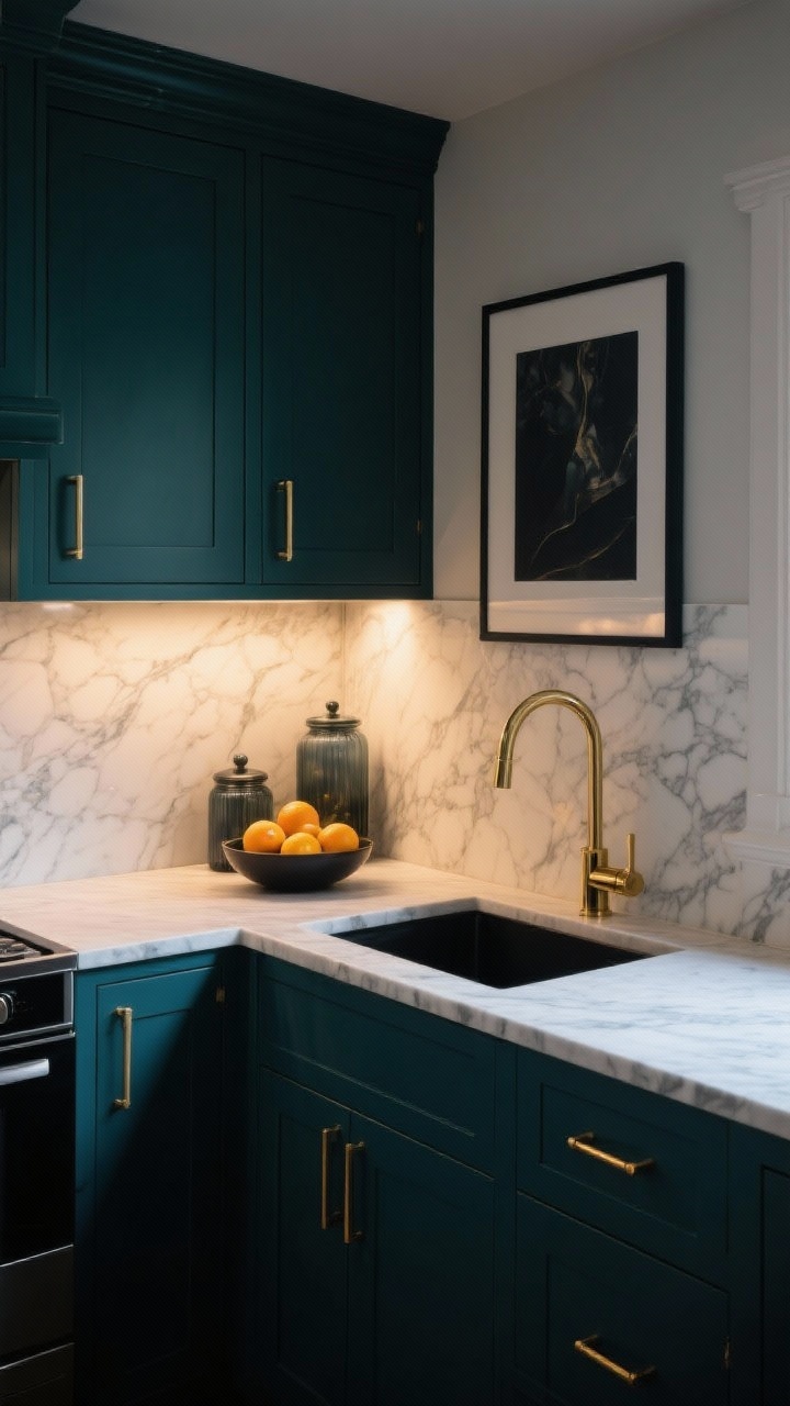 Medium shot, moody luxe kitchen corner: ink-blue or deep forest green cabinets with satin brass bar pulls; marble-look peel-and-stick backsplash; high-quality laminate or epoxy countertop with subtle veining; sleek black sink and thin-profile gold faucet; warm, bright lighting casting soft highlights; styled with black-framed art, smoky glass canisters, and a bowl of citrus for color; rich, dramatic atmosphere, photorealistic, no people.