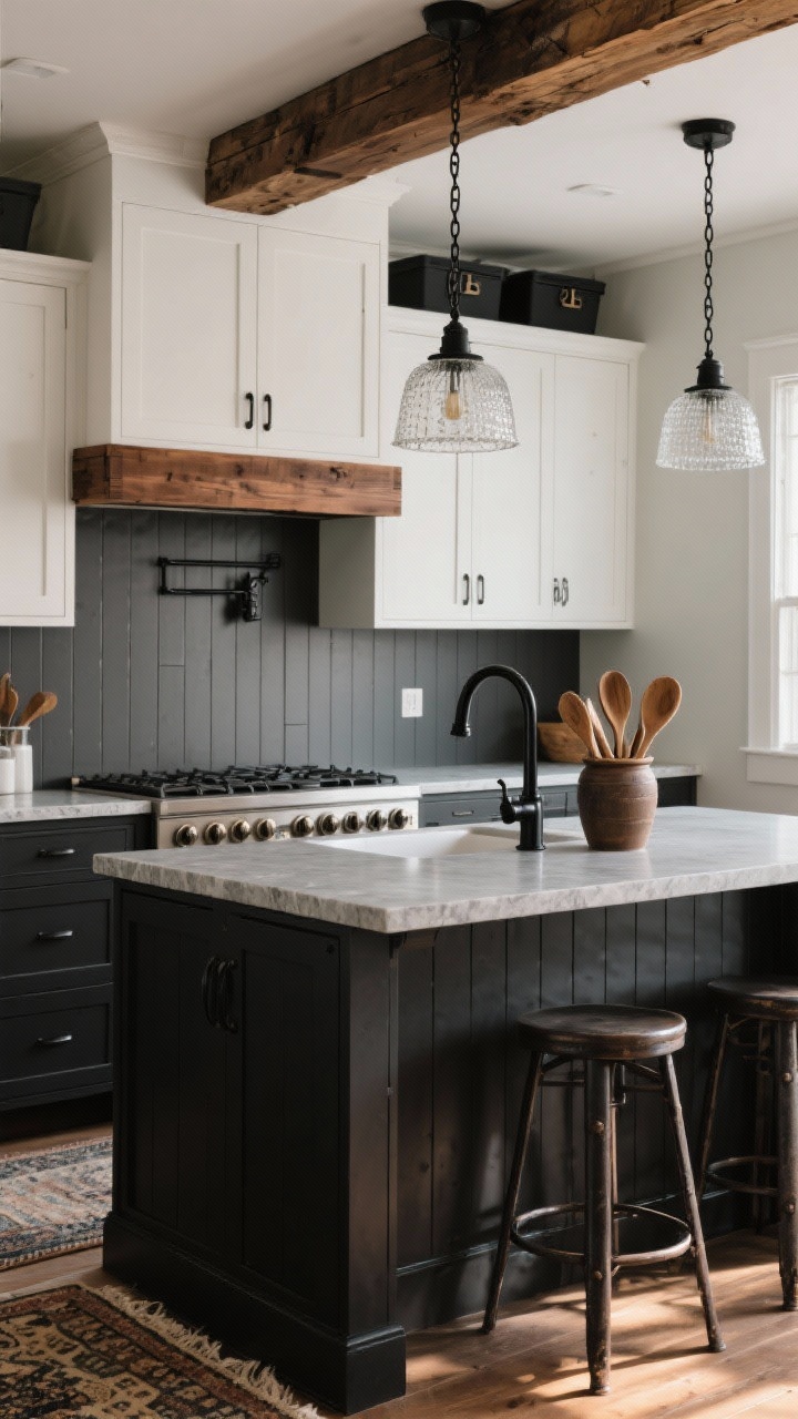 Medium shot, Moody Modern Farmhouse island and range wall: charcoal black lower cabinets with warm white chunky-shaker uppers; walnut-stained island base topped with thick concrete-look quartz; tall apron-front sink with matte black industrial faucet; vertical beaded board backsplash, deep gray behind the range and crisp white elsewhere; boxed wood range hood trimmed with a reclaimed beam; oversized seeded-glass pendants with black chains overhead; black bin pulls and latches; add a vintage-style rug, iron barstools, and a big crock of wooden spoons; moody, warm, late-afternoon light, slight corner angle.