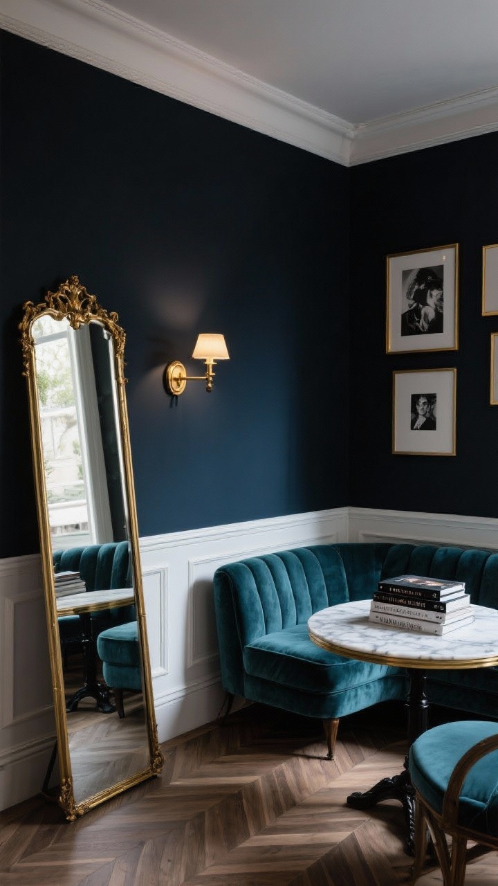 Medium shot, Moody Parisian Noir corner: one feature wall painted deep charcoal or inky blue framing a smoky teal velvet loveseat, marble-topped bistro table beside it, vintage-style brass sconce on dimmer creating an evening glow. Include crisp white trim and herringbone peel-and-stick flooring. Lean a tall gold-framed floor mirror to bounce light; stack glossy art books on the bistro table. Add a small black-and-white gallery wall in skinny brass frames. Moody yet luxe, photorealistic.